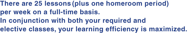 There are 25 lessons(plus one homeroom period) 
per week on a full-time basis.
In conjunction with both your required and 
elective classes, your learning efficiency is maximized.